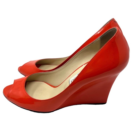 Jimmy Choo Patent Leather Orange Red Wedge Peep Toe Heels - Picture 2 of 9
